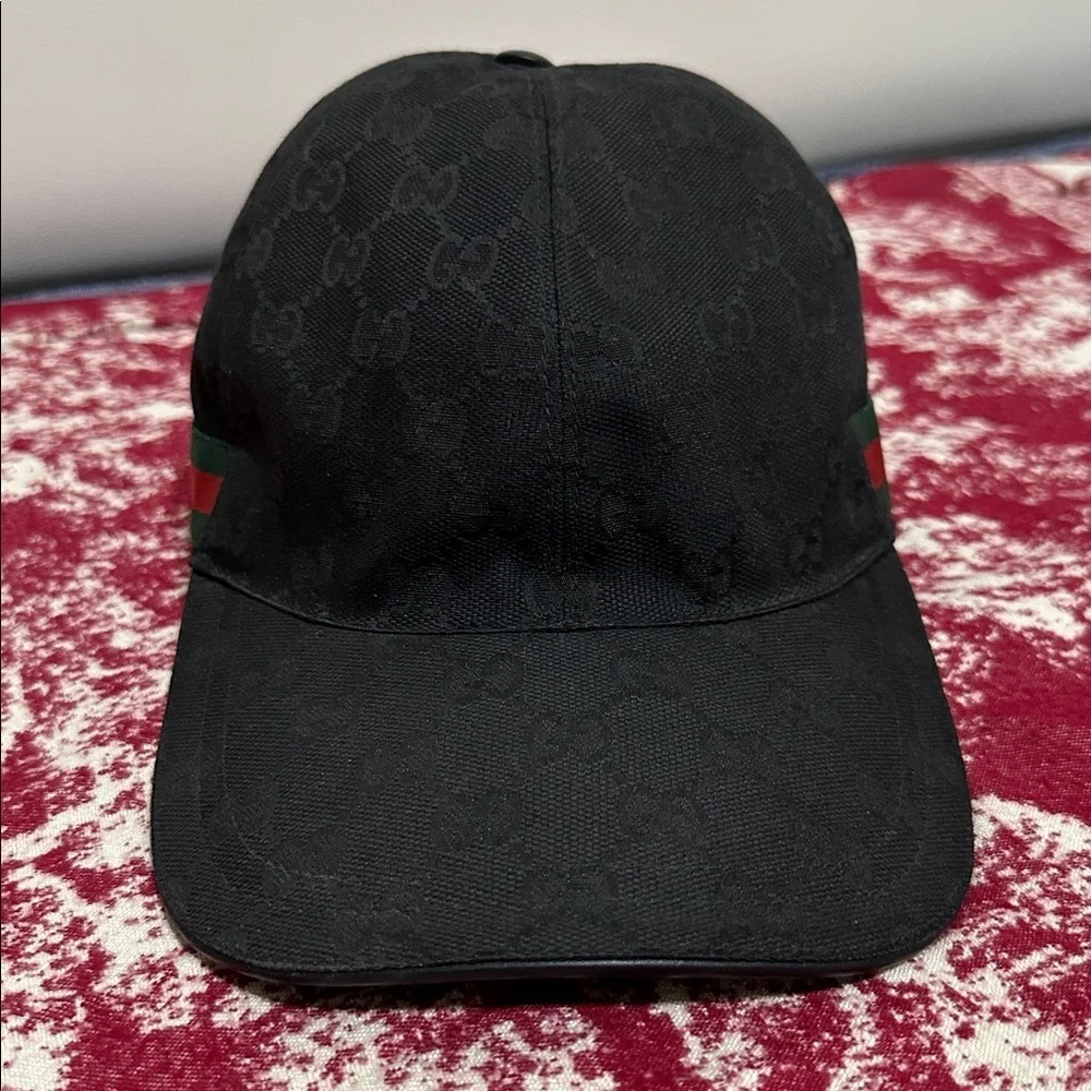Gucci Black GG Monogram Baseball Cap with Signature Sherry Line